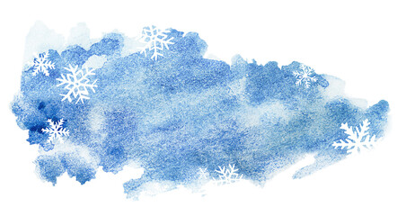 watercolor stain with copy space and snowflakes on a white isolated background