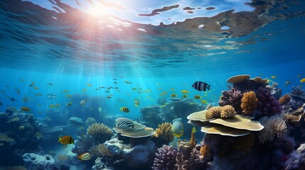 Fototapeta na wymiar Underwater panorama of the coral reef. Underwater view of the coral reef.