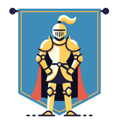 Knight in golden armor with a visored helmet, vector illustration, Knight standing next to a flag, knight armor, flat style stock vector image