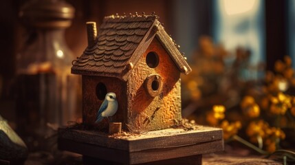 Obraz na płótnie Canvas Wooden Nest Box for Birds: Charming Handmade Bird House for Your Garden, Providing Cozy Shelter in Nature, generative AI