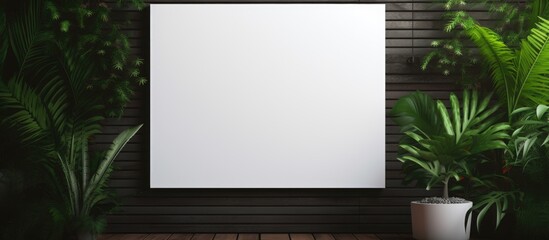 Empty white paper poster on tropical wooden floor and wall Use as a template to add your content and leave extra space to display products