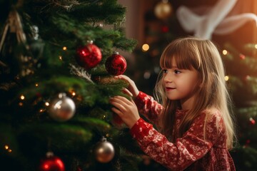 Child decorating Christmas tree at home.