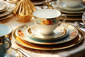Elegant porcelain dinner set. Luxury ceramics tableware setting. AI generated - obrazy, fototapety, plakaty