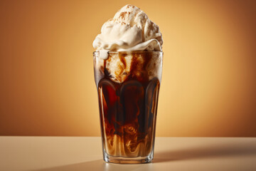Cold root beer float with vanilla ice cream on an orange background. Generative AI
