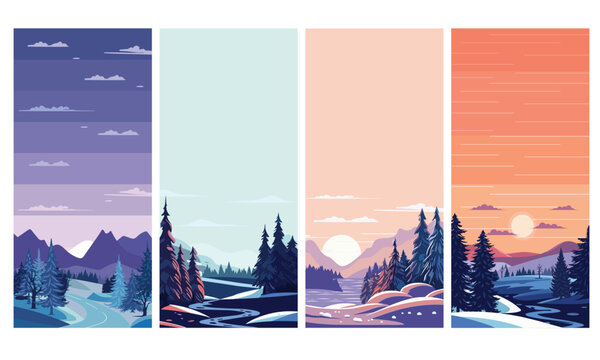 Collection of winter background in flat style. Winter background for phone. Design elements for card, invitation, social media stories, discount voucher, flyers. Vector illustration.