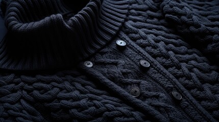 a classic black knit sweater, with an ultra-detailed rendering that captures the texture and intricate patterns.