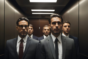 Businessman wearing suits inside an elevator, office elevator, man wearing suits, man wearing ties in an elevator - obrazy, fototapety, plakaty