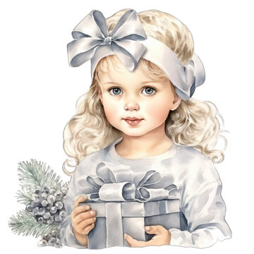 Blonde little girl with gift box, Christmas illustration, silver color tones