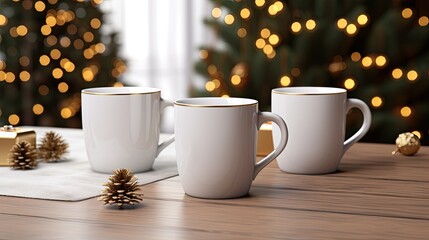 two blank white enamel mugs, elegantly adorned with Christmas decor and pineal motifs. - obrazy, fototapety, plakaty