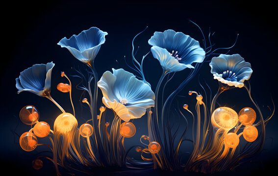 Artwork that melds the contrast of blue neon flora against amber neon fauna with a striking achromatic color scheme