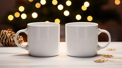two blank white enamel mugs, elegantly adorned with Christmas decor and pineal motifs.