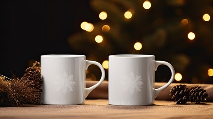 two blank white enamel mugs, elegantly adorned with Christmas decor and pineal motifs.