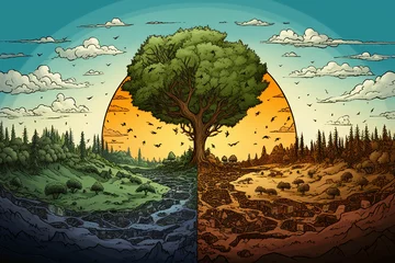 Fotobehang cartoon image of the planet in a deforested and destroyed perspective, VS a green planet that tries to stay alive. Generative IA © CREAX AGENCY