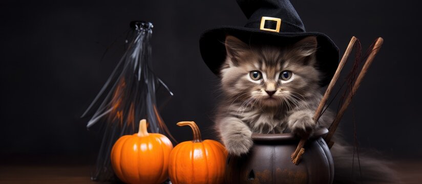 Halloween themed feline in cauldron with witch attire