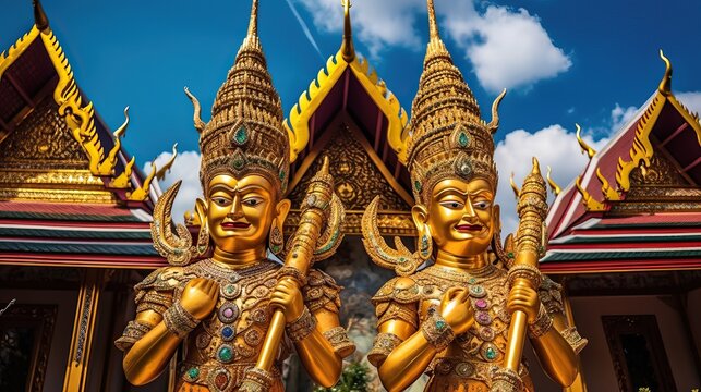  Double giant ramayana liftting golden pagoda, colorful statue on golden background, at Wat Phra Kaew, in Bangkok, Thailand