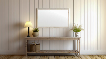 Farmhouse Console, Vintage Mirror Above on Distressed Wood Flooring, Mock Up on Beadboard Wall. Farmhouse Warmth Hallway.