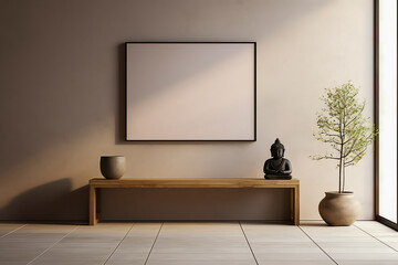 Zen Console, Bamboo Decor on Stone Flooring, Mock Up on Tranquil Wall. Zen Serenity Hallway.