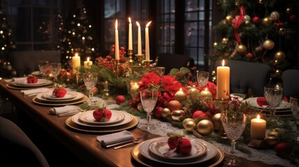 a Christmas-themed table setting, meticulously decorated with a pine branch and joyful confetti, providing a lifelike presentation.