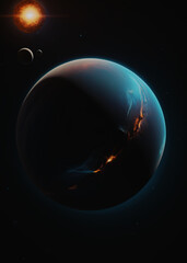 illustrazione di immaginari pianeti e lune alieni, spazio profondo e scuro, albedo sulla superficie del pianeta