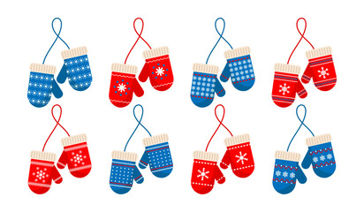 Winter mittens with snowflake ornament, set. Winter clothes and accessories. Icons, vector