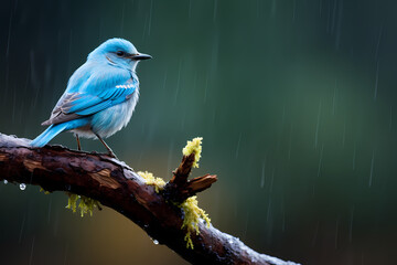 focused shot of Mountain bluebird sitting on a tree branch with rain falling in the background, wild life photography. Generative AI