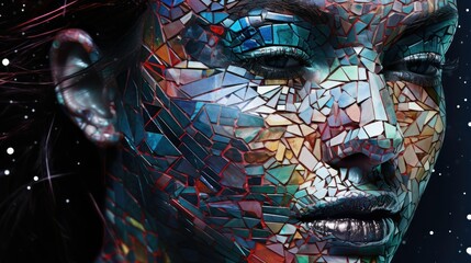 Abstract glitch portrait of a person's face, fragmented and pixelated. Vibrant lines of code and circuitry form the distorted features. Futuristic, cyber and glitchy face
