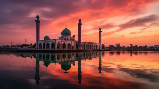  Songkhla Central Mosque in day to night with colorful skies at sunset and the lights of the mosque and reflections in the water