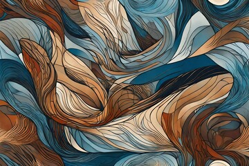 An abstract image inspired by the complexity of the human mind, using a combination of sharp, angular forms and organic, flowing shapes, in a balanced palette of warm earthy tones and cool blues.