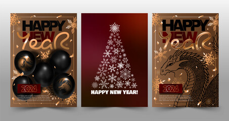 Set of Happy New Year 2024 banners with dragons, balloons, snowflakes, and text in gold, red, and black colors. Vector 3D illustration.