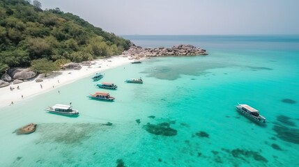 Fototapeta na wymiar Top view of Beautiful crystal clear water and white beach with long tail boats in summer of Koh Lipe in Satun, Southern Thailand