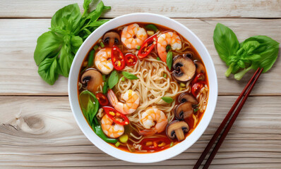 Asian noodle soup with shiitake mushrooms, shrimp and bok choy on light wooden table, Top view - obrazy, fototapety, plakaty