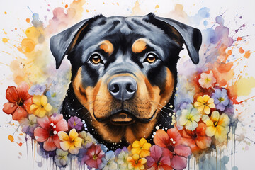 Watercolor painting of a beautiful rottweiler in a colorful flower field. Ideal for art print, greeting card, springtime concepts etc.