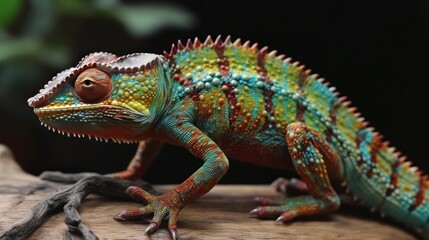 Colorful chameleon on wooden table, close-up. Wildlife Concept. Background with Copy Space.