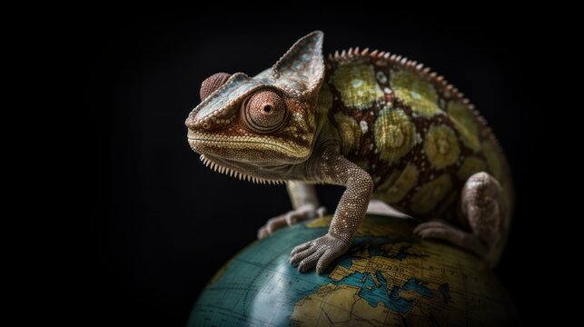Toy Chameleon on a globe. Black background. Close up. Wildlife Concept. Background with Copy Space.