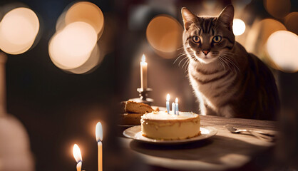 gato festejando su cumpleaños, luminosidad, torta, guirnaldas en la noche - obrazy, fototapety, plakaty