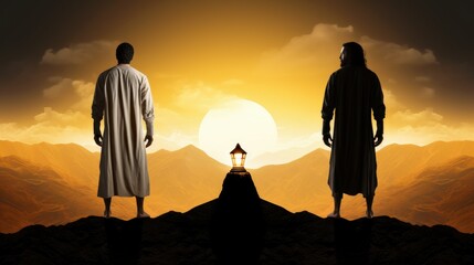 Two silhouettes standing on a white mountain peak, basking in golden sunlight. A warm lantern casts an inviting glow, contrasting with a lurking, menacing figure in the shadows showcasing good vs bad