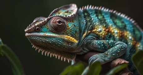 Fototapeta premium Close up of a veiled chameleon - Furcifer pardalis. Wildlife Concept. Background with Copy Space.