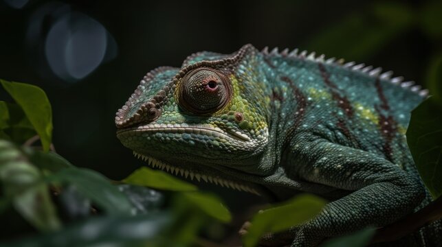 Closeup of a veiled chameleon, Furcifer pardalis. Wildlife Concept. Background with Copy Space.