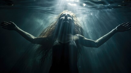 Peaceful sleep in the depths: A serene image of a person submerged underwater, weightless and at peace. Eyes closed, arms crossed, bathed in rays of light. Surreal and ethereal - obrazy, fototapety, plakaty