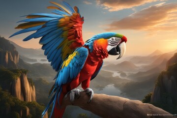 Colorful Scarlet Macaw parrot against jungle background - obrazy, fototapety, plakaty