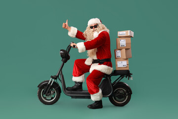 Cool Santa Claus delivering parcels on electric scooter against green background