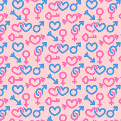 Seamless pattern for Valentine's Day. Symbols of love, heart, key, arrow, male, female