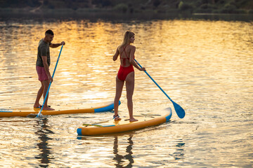 Man and woman sup board surfers at sunset.