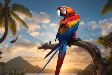 Colorful Scarlet Macaw parrot against jungle background