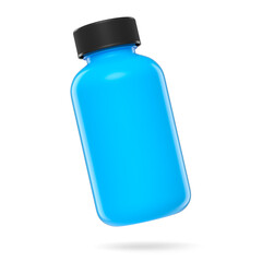 Blue plastic jar for sport nutrition whey protein powder isolated on white