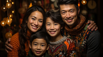 Fototapeta premium Festive knitwear: A family dressed in hand-knitted holiday sweaters, radiating warmth and festive spirit