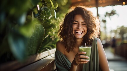 Portrait of a woman with a healthy drink, a happy woman with a green detox drink - obrazy, fototapety, plakaty