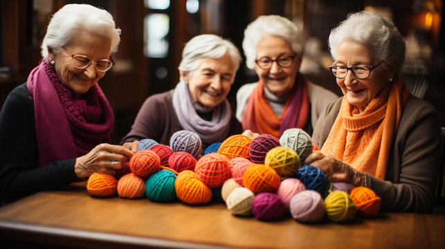 Knitting circle: A group of friends engaged in a lively knitting circle, fostering a sense of community around the craft