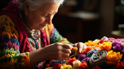 The art of mending: A skilled individual repairing a cherished hand-knitted heirloom, highlighting the longevity of these creations - obrazy, fototapety, plakaty