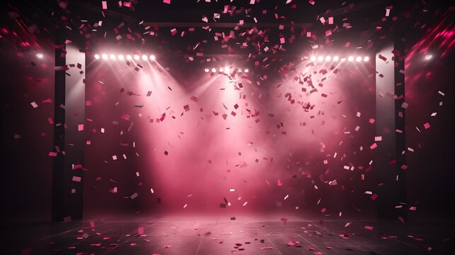 Hot Pink Confetti rains on an empty Stage with beautiful Lighting. Festive Template for Holidays and Celebrations